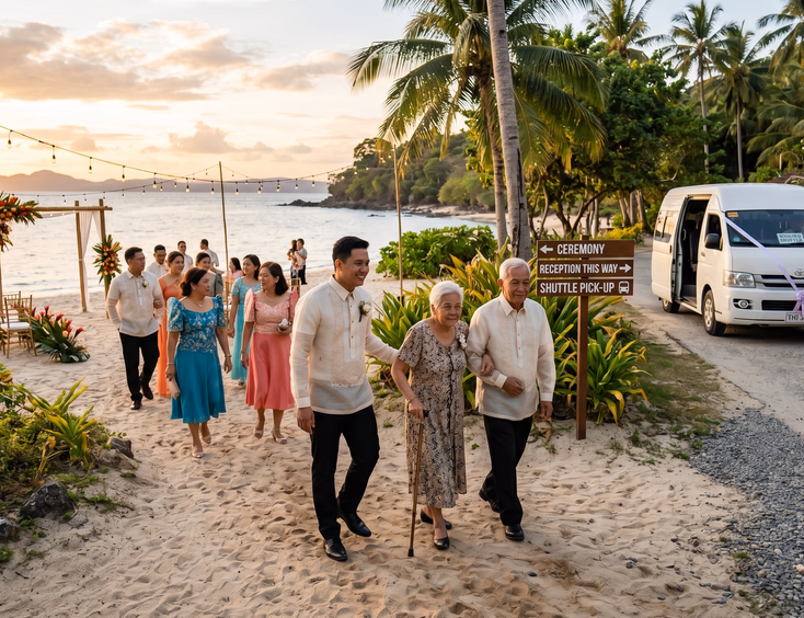 Group of Filipino wedding guests in semi-formal attire walking along a sandy path toward a white shuttle van with a groomsman guiding elderly guests at a tropical beachfront wedding venue in late afternoon light