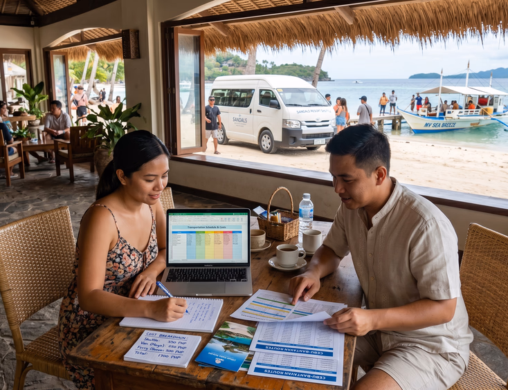 Filipino couple reviewing printed transportation schedules and a laptop spreadsheet at a wooden table inside a beach resort lobby with a shuttle van and docked boat visible through the open window