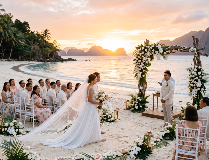 Filipino bride and groom exchanging vows at a sunset beach wedding ceremony on a white-sand shore in the Philippines