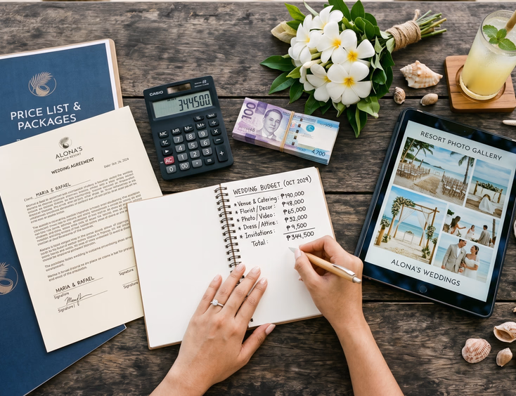 Flat-lay of beach wedding planning documents, budget notes, and tropical decor on a wooden table at a Philippine beach resort