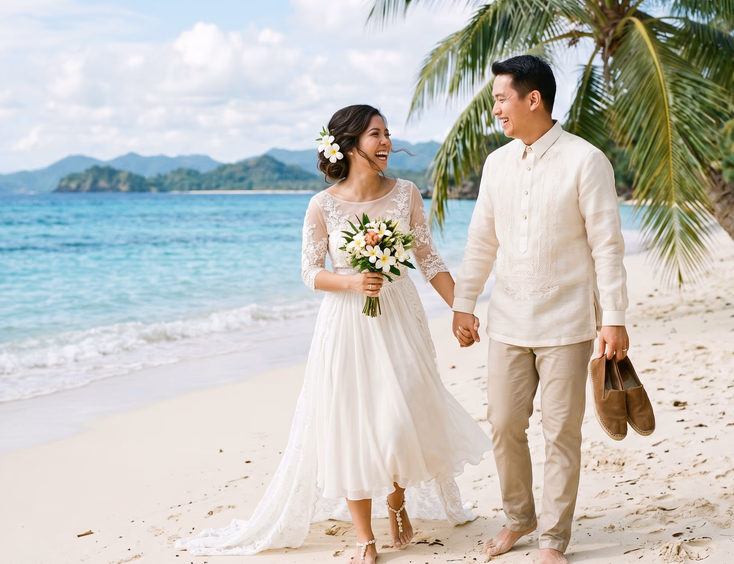 Filipino bride and groom in beach wedding attire standing by a coconut palm on a white-sand Philippine beach on their wedding morning