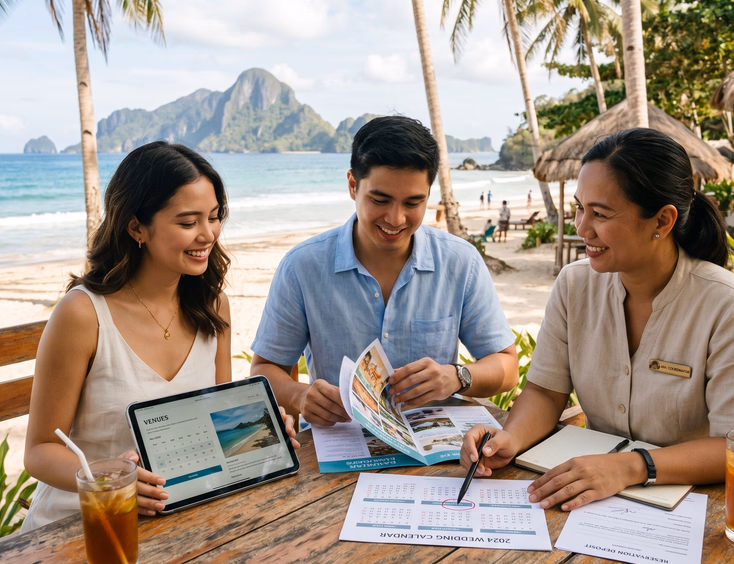 Filipino couple booking a beach wedding venue with a coordinator at a beachfront resort in Palawan Philippines