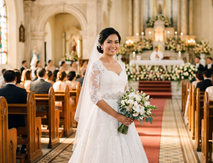 Filipino bride in white A-line gown with crystal beaded waist belt standing in center aisle of sunlit Filipino cathedral with stained glass windows, full body editorial wedding photography