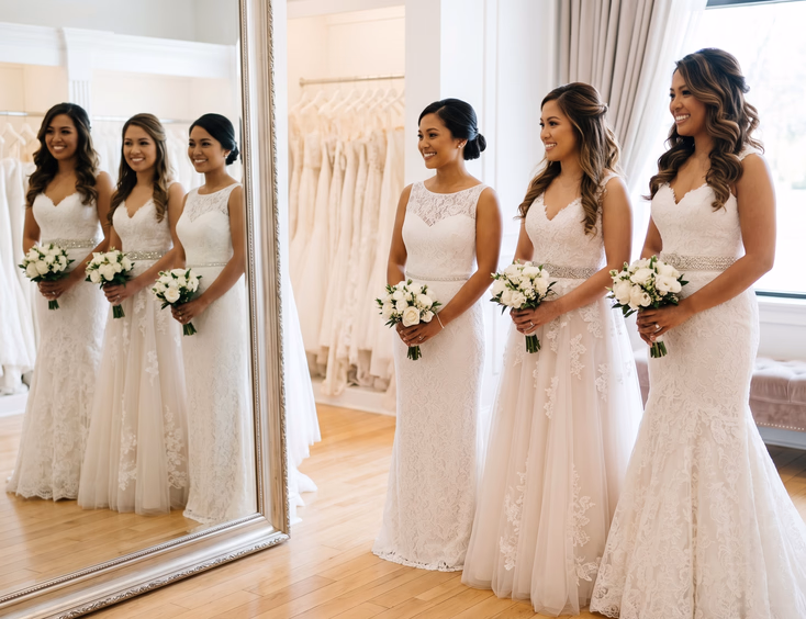 Three Filipino brides of different heights in bridal boutique wearing sheath gown with slim crystal belt, A-line gown with medium beaded belt, and fit-and-flare gown with wide pearl belt reflected in full-length mirror, editorial wedding photography