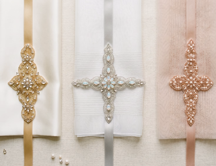 Flat lay of three bridal belt and fabric pairings on cream linen including gold crystal belt on ivory satin, silver opal belt on white organza, and rose gold beaded belt on blush tulle, styled bridal product photography