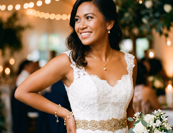 Close-up of Filipino bride from collarbone to hip wearing white sweetheart gown with gold beaded waist belt, delicate gold chain necklace, thin gold bracelet, and gold pearl drop earrings, soft indoor reception lighting with fairy lights, editorial wedding photography