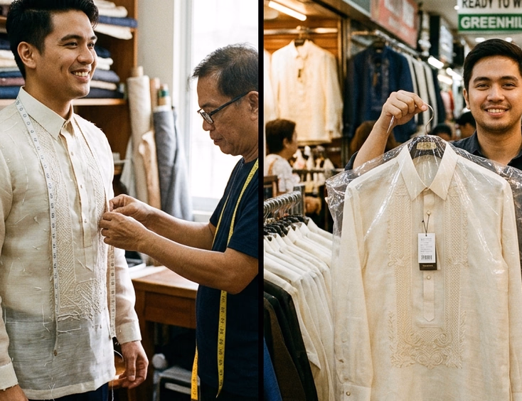 Split-scene editorial photo of two Filipino grooms comparing bespoke tailoring in an atelier and ready-to-wear barong shopping in a Greenhills barong shop
