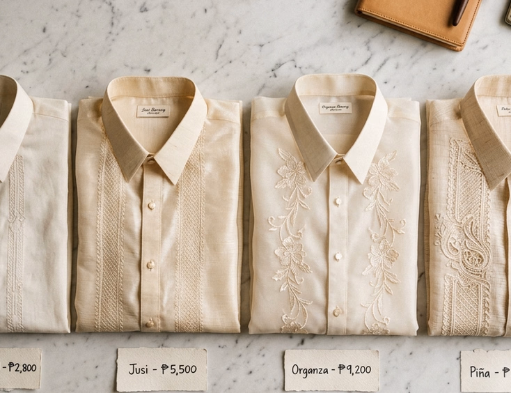Flat lay of four barong tagalog fabric samples arranged by price tier from cotton-blend to piña barong with peso price tags and a leather notebook on a marble surface