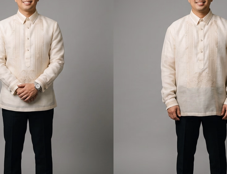 Side-by-side comparison of a Filipino groom in a bespoke tailored jusi barong versus a ready-to-wear barong showing fit differences at the shoulders and cuffs