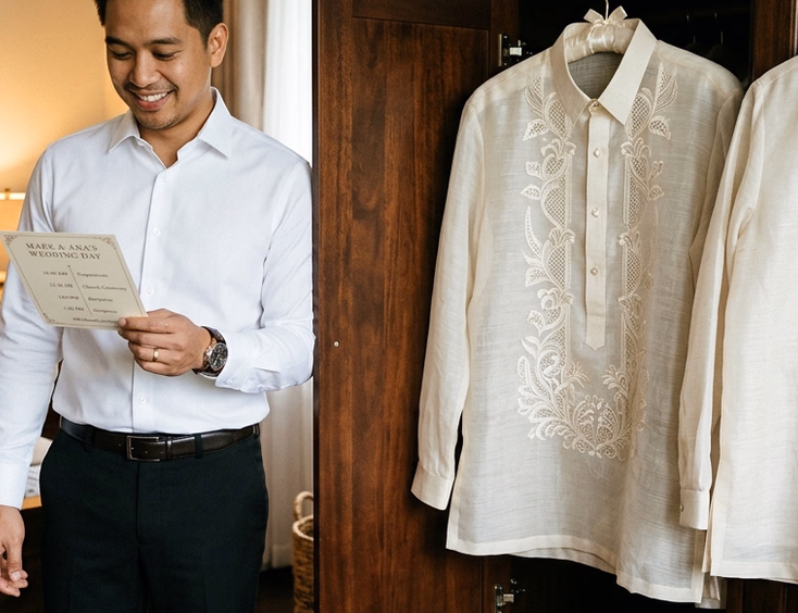 Filipino groom in white shirt and black slacks standing before a wooden wardrobe displaying a piña barong for the church ceremony and a jusi barong for the reception