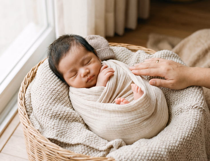 A peaceful Filipino newborn under two weeks old sleeps soundly in a cozy basket wrapped in neutral fabric as a parent holds them gently.