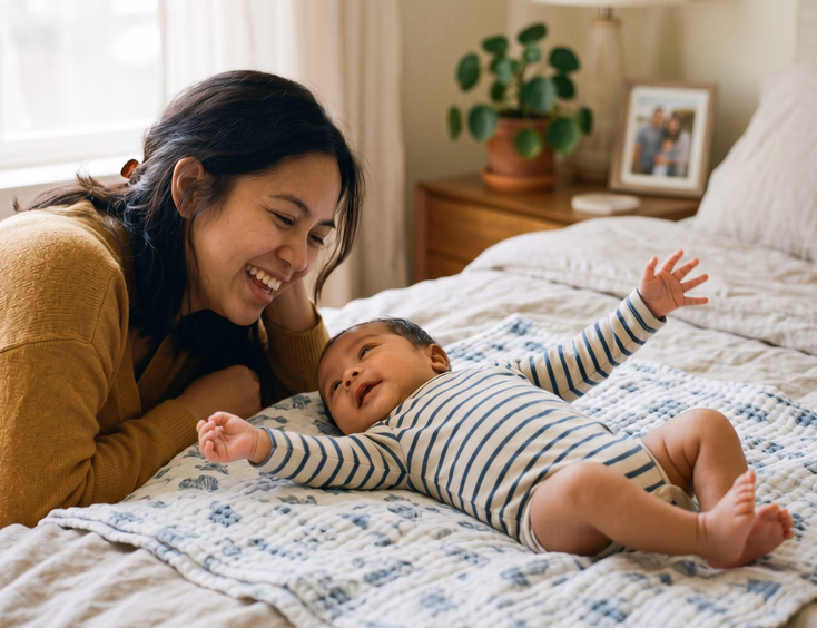 A smiling young Filipino mother watches her wide-awake three-week-old newborn baby stretch comfortably on a soft blanket in daylight.