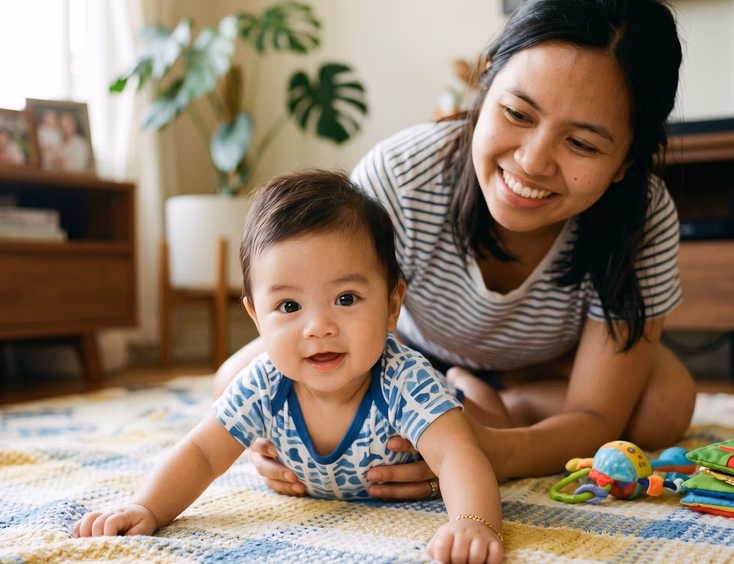 An alert two-month-old Filipino baby enjoys tummy time with bright eyes while a supportive parent kneels closely behind them at home.