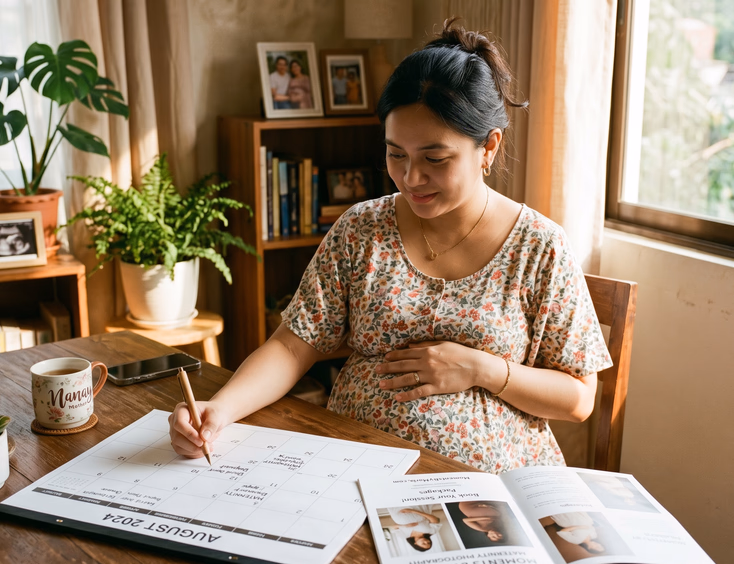 A pregnant Filipino woman in her third trimester sits at a sunlit table planning her upcoming newborn photography session with a calendar.