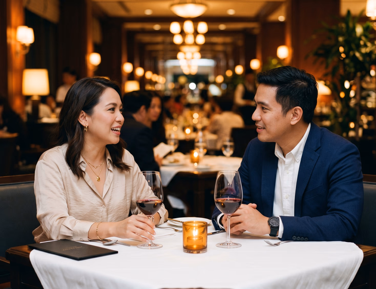 Filipino couple in their 30s having a romantic dinner with wine at a Manila restaurant.