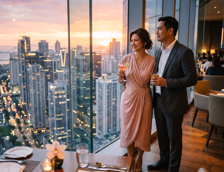 Filipino couple in their 40s enjoying sunset cocktails overlooking the Bonifacio Global City skyline from a rooftop restaurant.