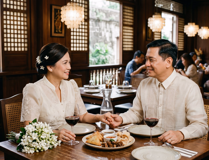 Filipino couple in their 50s wearing modern Filipiniana and a barong tagalog at a heritage restaurant in Manila.