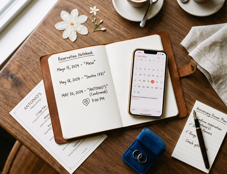 Flat lay of a wooden table showing anniversary dinner planning with a reservation notebook, smartphone, and wedding rings.