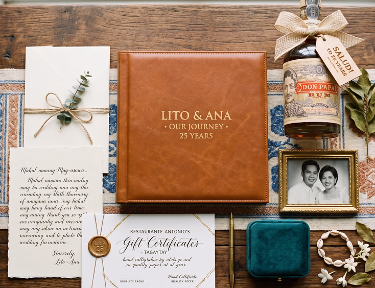 Overhead flat-lay of curated anniversary gifts for a Filipino couple's vow renewal on a wooden surface, including a photo book, inabel runner, and premium aged rum.