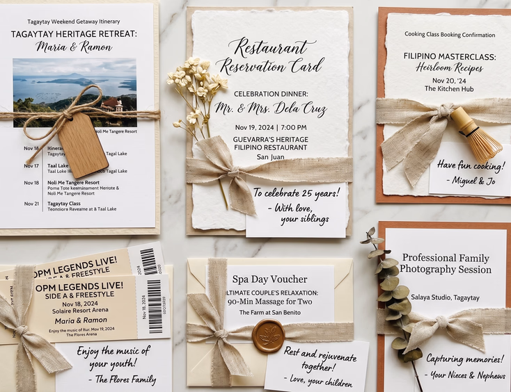 Styled flat-lay on marble displaying experience gift ideas for a Filipino vow renewal, featuring a Tagaytay getaway, concert tickets, and heritage dining.