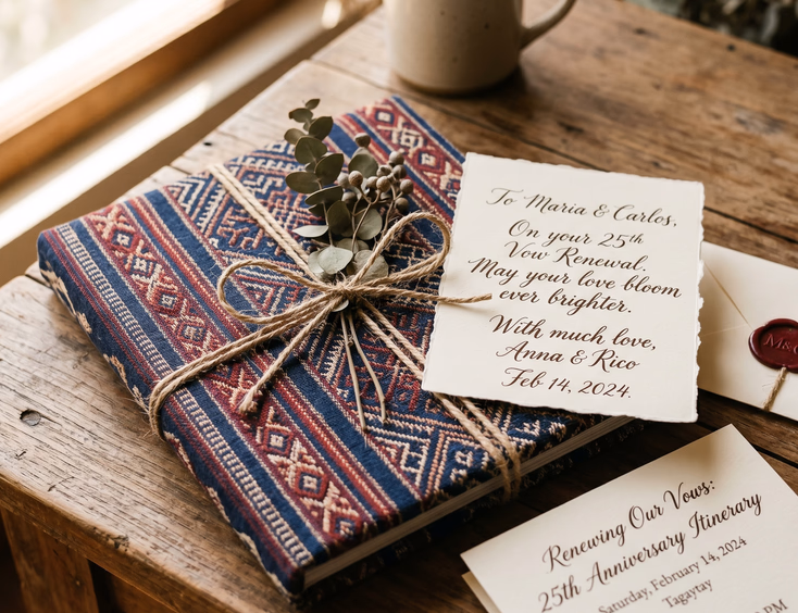 Close-up of a Filipino vow renewal gift wrapped in hand-loomed inabel fabric, accented with twine, dried eucalyptus, and a calligraphed card.
