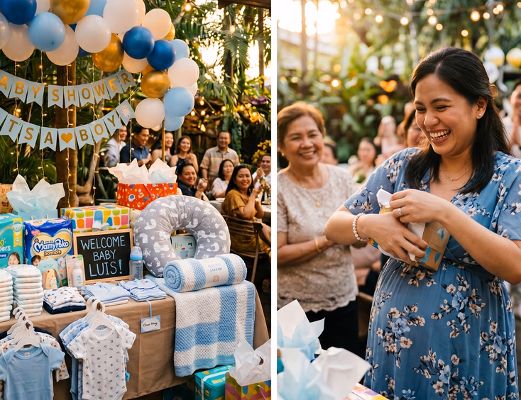 A smiling pregnant Filipino mom opens a gift beside a decorated baby shower table displaying practical presents like diapers and blankets.