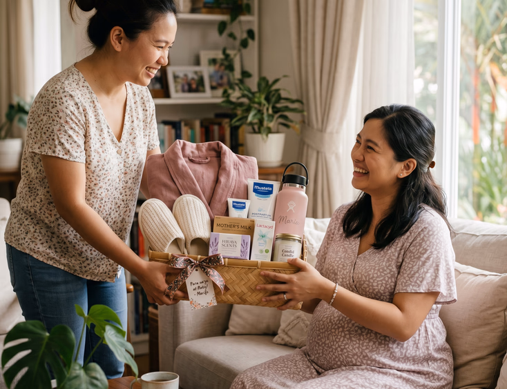 A smiling pregnant Filipino woman receives a caring new mom self-care gift basket, complete with a soft robe and slippers, from a friend.