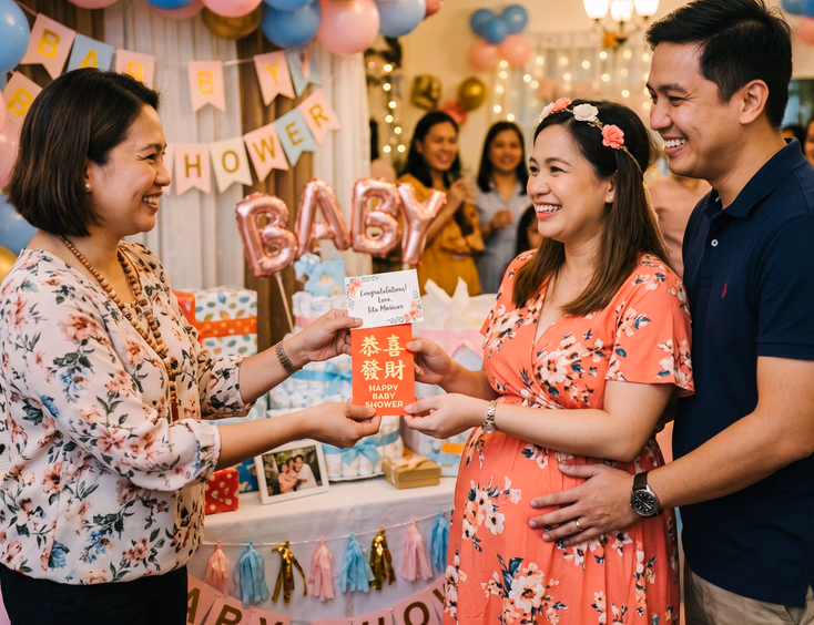 An expecting Filipino couple graciously receives a traditional red ang pao envelope from a guest at their decorated baby shower gift table.