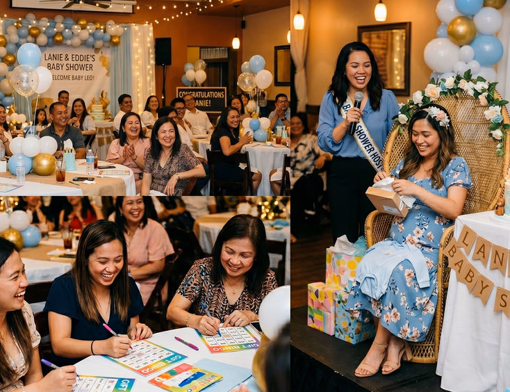 A happy Filipino mom-to-be opens presents near a pastel cake as seated guests playing gift bingo watch during a cheerful baby shower.