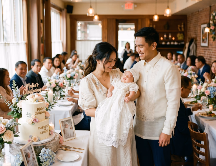 Filipino family celebrates a baby's baptism reception in a warmly lit private dining room with guests and elegant pastel floral decor.