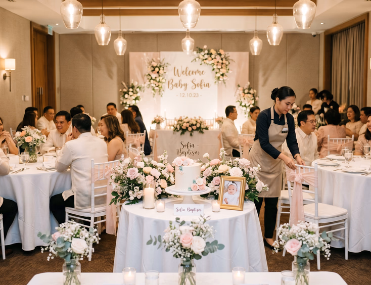 Intimate Manila hotel function room setup for a Filipino baptism reception with round tables, white linens, and a pastel cake table.