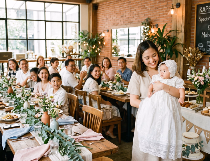 A bright specialty cafe venue for a Filipino baptism celebration with guests at wooden tables and a mother holding her baby in a gown.