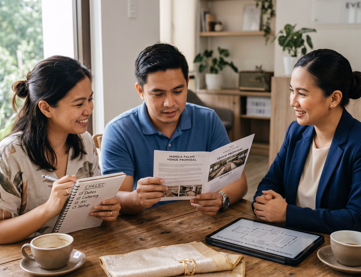 A Filipino couple reviews a venue proposal and layout with a coordinator inside a modern office while planning a baptism reception.