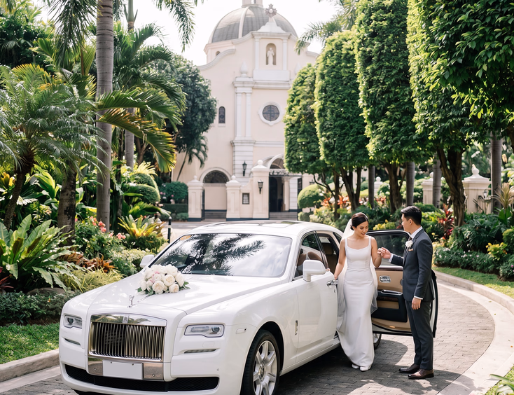 Cream 1950s vintage Mercedes-Benz with white floral arrangement parked at the stone steps of San Agustin Church in Intramuros Manila with a Filipino bride in ivory lace ball gown and groom in cream Barong Tagalog at golden hour