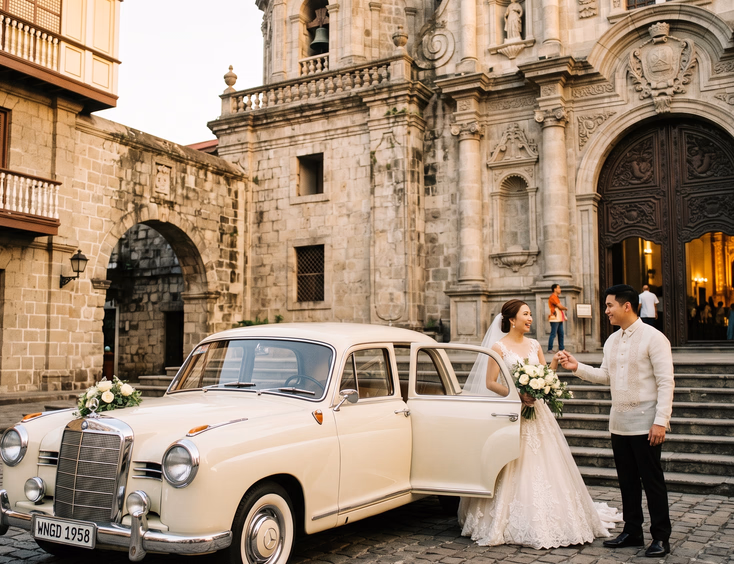 White Rolls-Royce Ghost with white peony arrangement parked on a curved driveway inside Forbes Park Makati with a Filipino bride in modern white wedding gown and groom in charcoal suit stepping out near Santuario de San Antonio Church