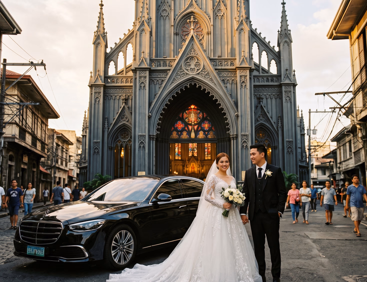 Black Mercedes-Benz S-Class parked in front of San Sebastian Basilica in Manila with a Filipino bride in cathedral-length white tulle gown and groom in black three-piece suit standing before the Gothic steel facade at late afternoon