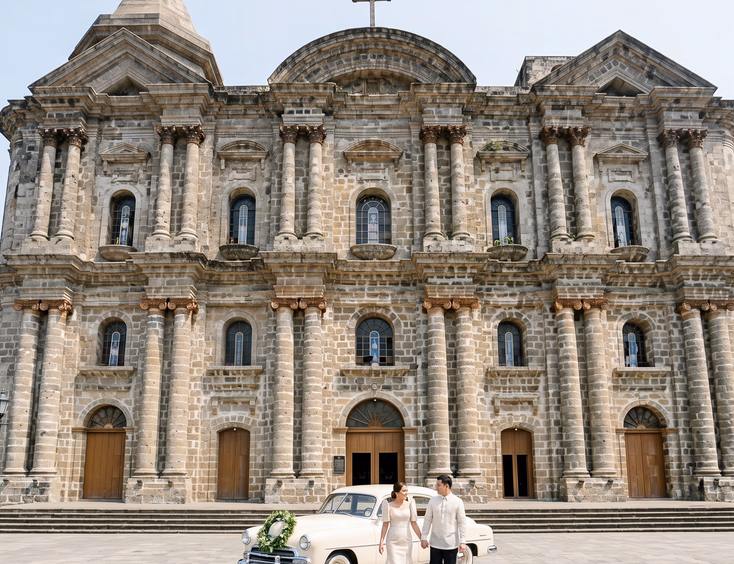 Wide shot of Taal Basilica with its 24 classical columns and a restored ivory 1950s vintage sedan with a greenery wreath at the base of the front steps with a Filipino bride in Filipiniana terno and groom in ivory Barong Tagalog walking toward the entrance