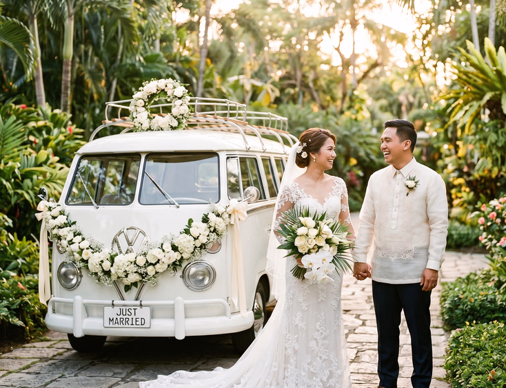 Filipino bride in white wedding gown and groom in cream Barong Tagalog standing beside a white vintage Volkswagen Kombi decorated with white flowers and ribbons on a lush green garden pathway at golden hour