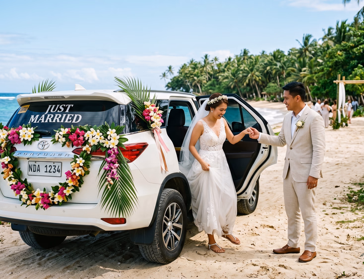 White Toyota Fortuner SUV decorated with tropical flower garlands parked on a sandy path near a Philippine beach with a Filipino bride in a flowy white dress and groom in beige linen suit stepping out under bright tropical sunlight