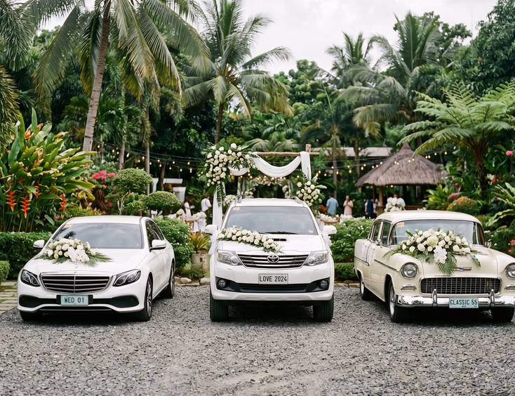 Three bridal cars parked on a gravel driveway at a Philippine garden wedding venue including a white luxury sedan, white SUV, and cream 1955 Chevrolet BelAir all decorated with white floral arrangements under soft overcast daylight