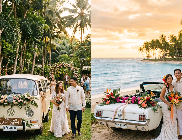 Split-scene of a rustic garden wedding with a cream Volkswagen Kombi decorated with wildflowers on the left and a tropical beach wedding with a white convertible Mustang with floral garlands on the right each with a Filipino couple in wedding attire at golden hour