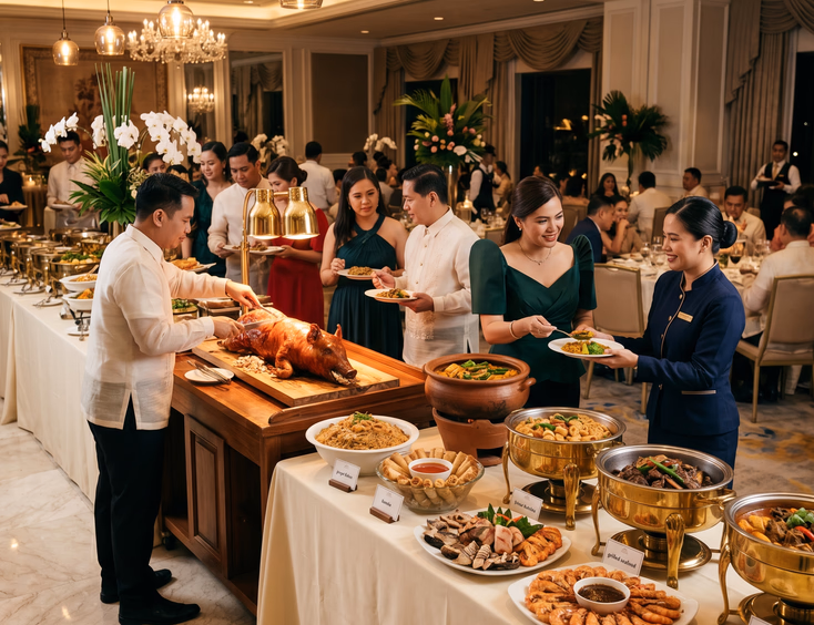 Elegant Filipino catering in a Manila hotel ballroom with a premium buffet featuring lechon and traditional dishes for a corporate event.