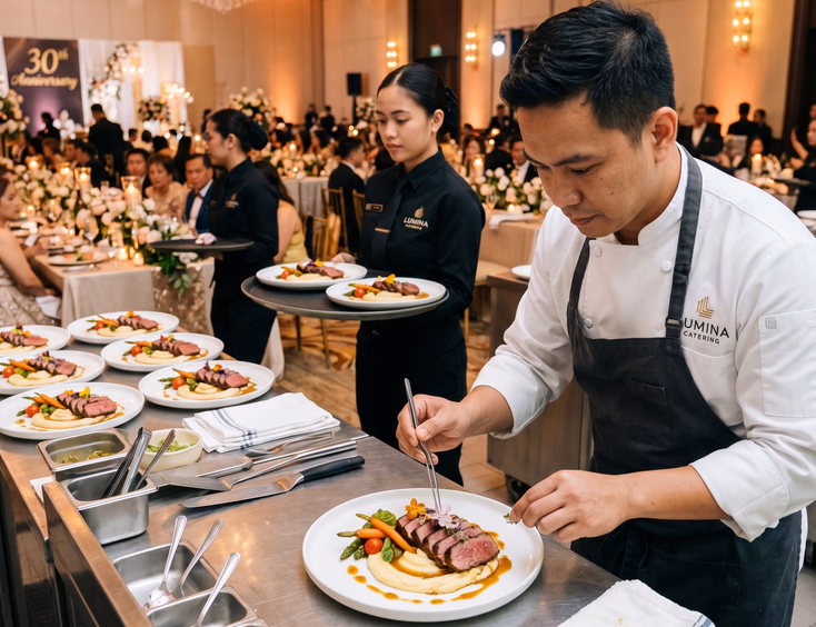 Elegant plated dinner by a premium Manila caterer at a corporate gala, featuring a Filipino chef garnishing wagyu beef belly.