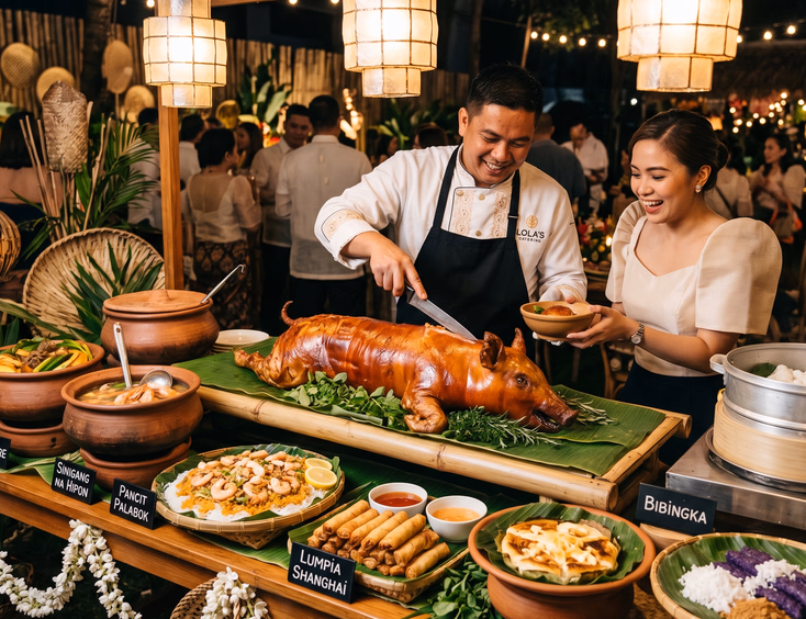 Vibrant specialty catering at a Filipiniana corporate event with a whole lechon, traditional dishes, and cultural decor.