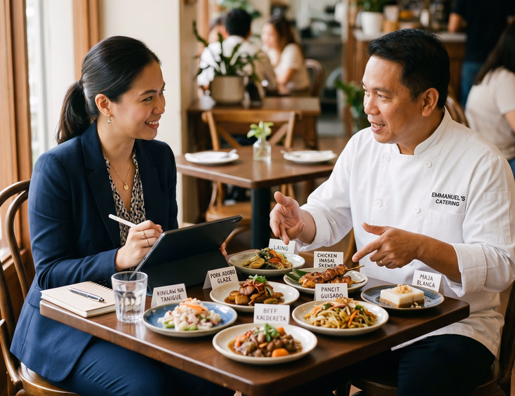 Filipina event planner conducting a menu tasting session with a professional caterer owner for a corporate event, taking notes.