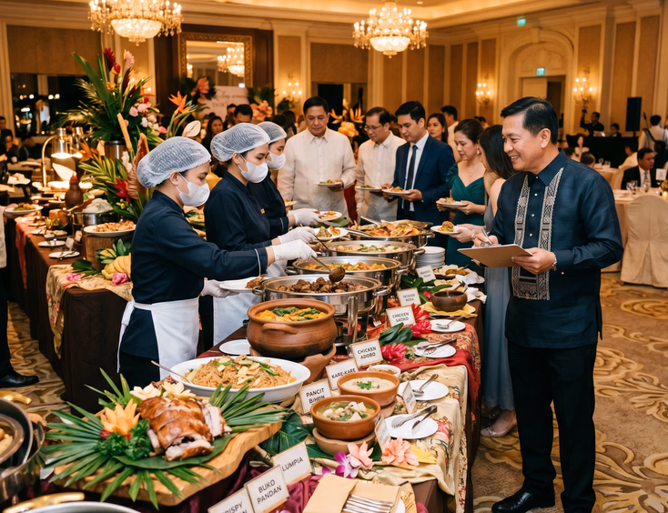 Elegant corporate event buffet spread in a hotel ballroom featuring Filipino dishes, overseen by a catering captain and servers at chafing dishes.