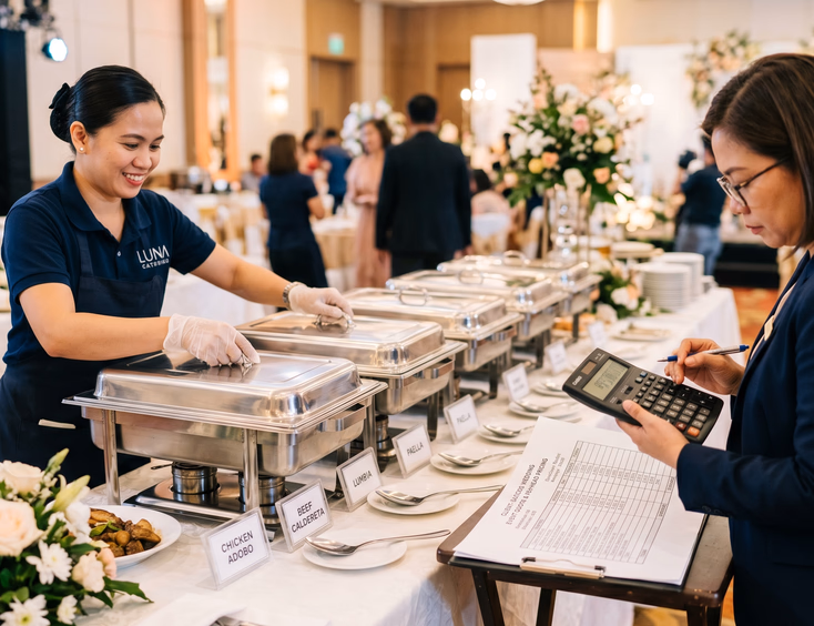 A Filipino caterer in uniform arranges labeled chafing dishes at a buffet station while an event planner reviews a printed catering quote nearby.