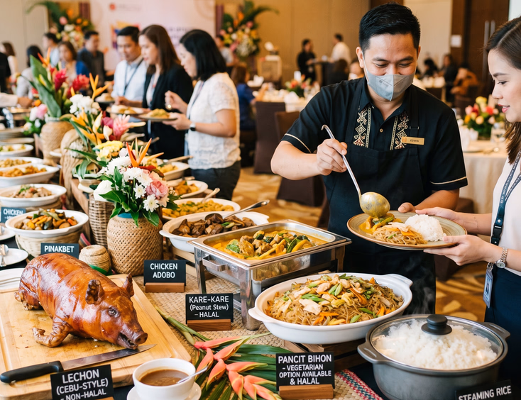 A beautifully arranged Filipino corporate buffet featuring lechon, kare-kare, and pancit, with labels for vegetarian and halal dietary options.