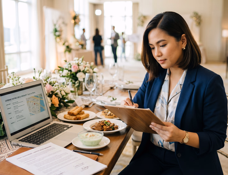 A Filipino events planner reviews a catering checklist on a clipboard at a food tasting table with sample dishes, a laptop, and contract nearby.