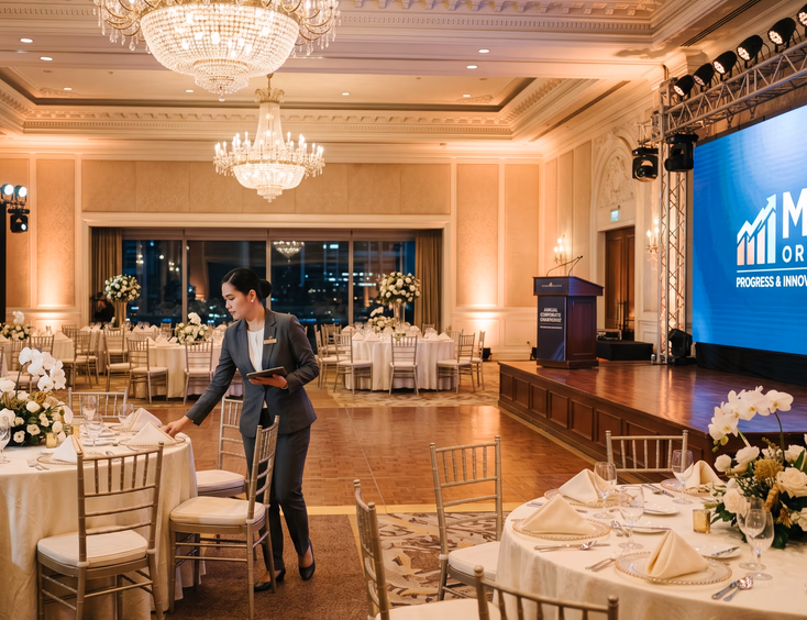 Elegant hotel ballroom in Ortigas set up for a Filipino corporate event, featuring chandeliers, round tables, and a stage with an LED screen.